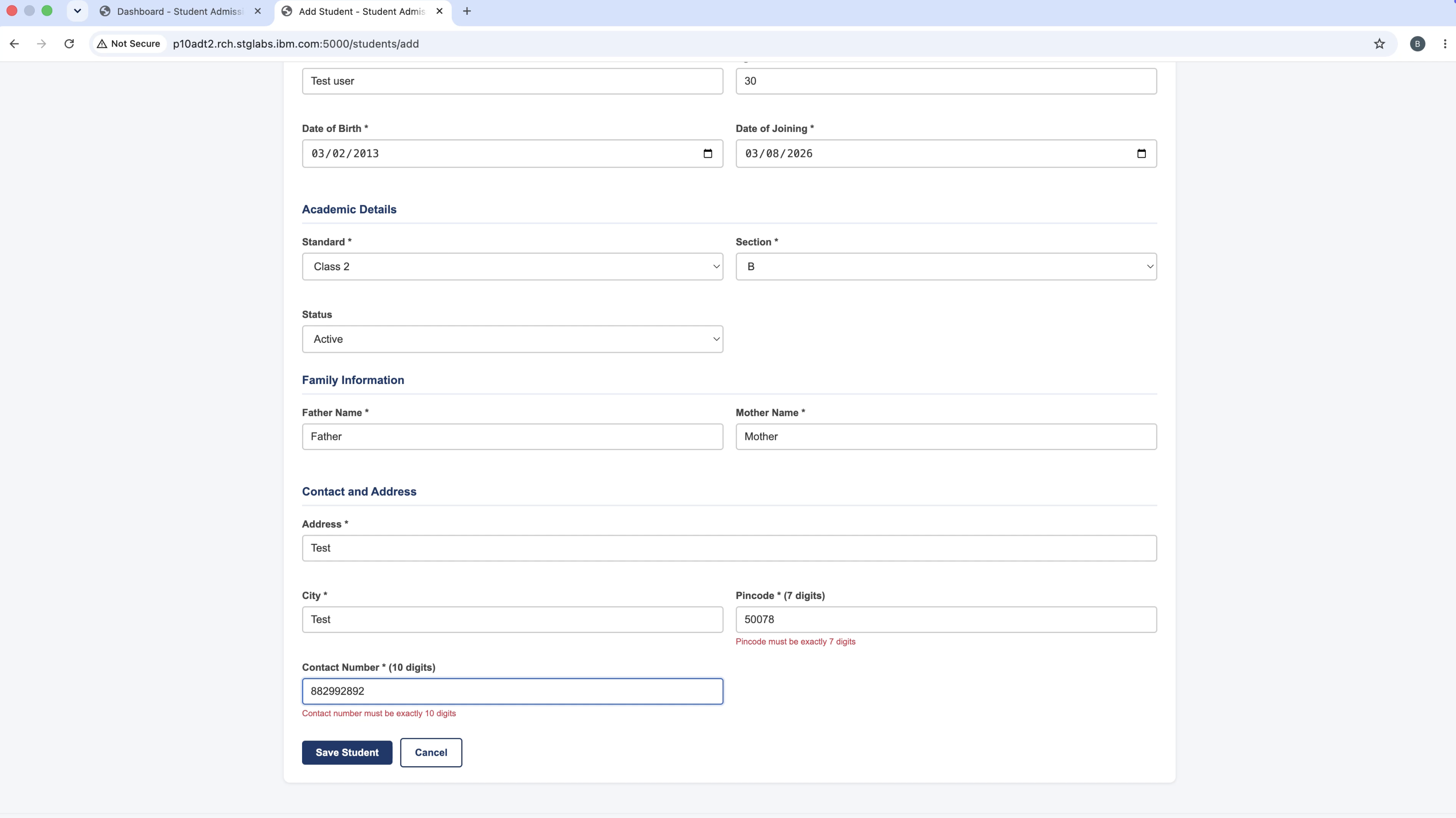 Add New Student form — all sections filled, real-time validation visible